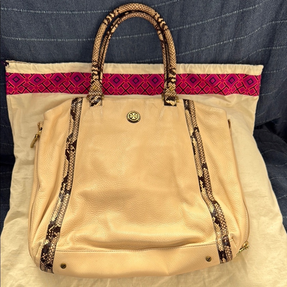 Tory Burch Stylish Cream and Brown Tote Bag